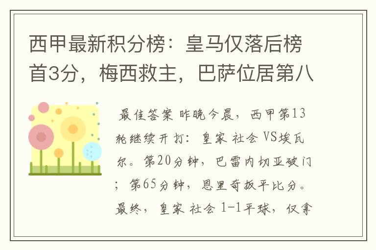 西甲最新积分榜：皇马仅落后榜首3分，梅西救主，巴萨位居第八