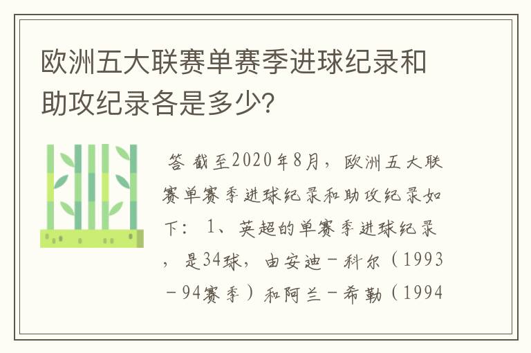 欧洲五大联赛单赛季进球纪录和助攻纪录各是多少？