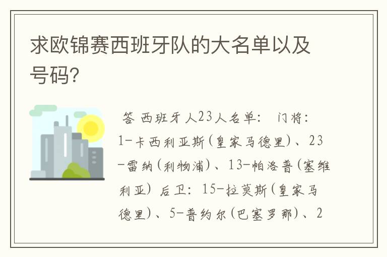 求欧锦赛西班牙队的大名单以及号码？