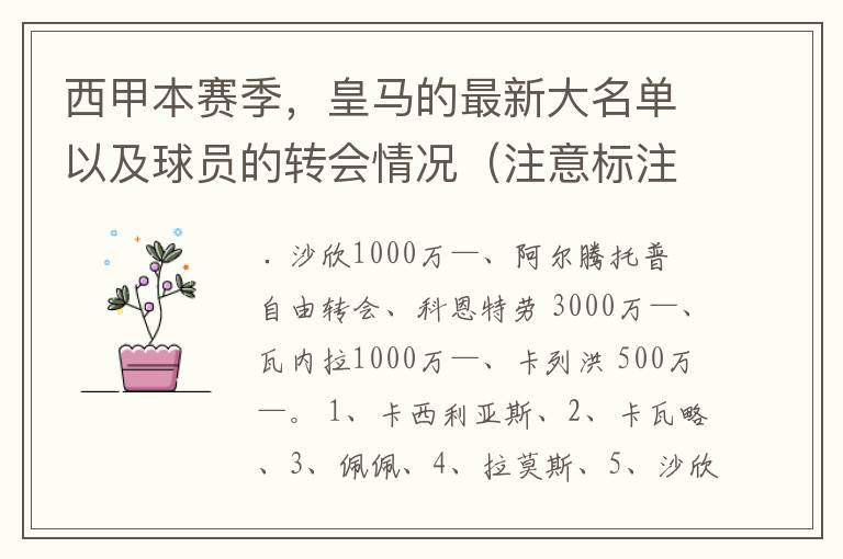 西甲本赛季，皇马的最新大名单以及球员的转会情况（注意标注球员身价）