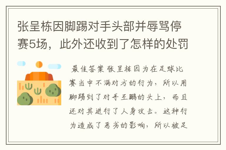 张呈栋因脚踢对手头部并辱骂停赛5场，此外还收到了怎样的处罚？