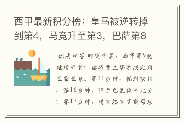 西甲最新积分榜：皇马被逆转掉到第4，马竞升至第3，巴萨第8