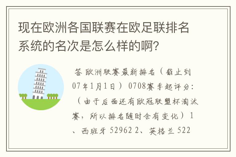 现在欧洲各国联赛在欧足联排名系统的名次是怎么样的啊？