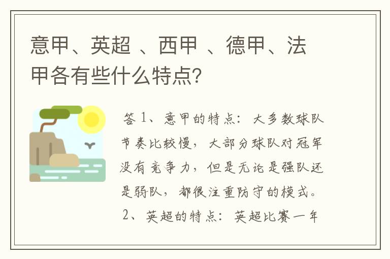 意甲、英超 、西甲 、德甲、法甲各有些什么特点？