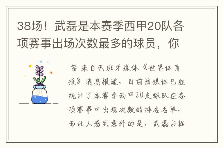 38场！武磊是本赛季西甲20队各项赛事出场次数最多的球员，你怎么看？