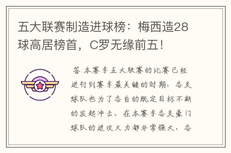 五大联赛制造进球榜：梅西造28球高居榜首，C罗无缘前五！