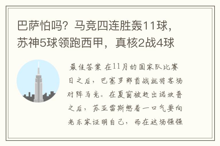 巴萨怕吗？马竞四连胜轰11球，苏神5球领跑西甲，真核2战4球