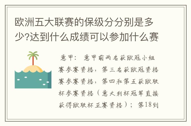 欧洲五大联赛的保级分分别是多少?达到什么成绩可以参加什么赛事?