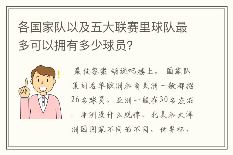 各国家队以及五大联赛里球队最多可以拥有多少球员？