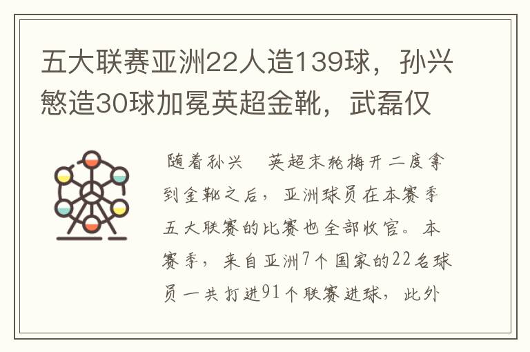 五大联赛亚洲22人造139球，孙兴慜造30球加冕英超金靴，武磊仅1球