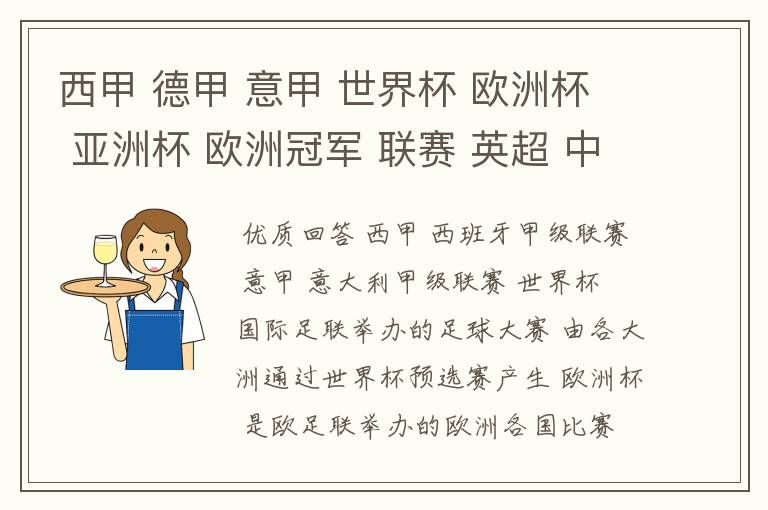 西甲 德甲 意甲 世界杯 欧洲杯 亚洲杯 欧洲冠军 联赛 英超 中超  分别是什么意思啊？