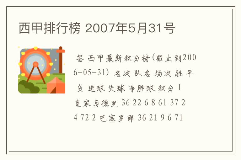 西甲排行榜 2007年5月31号