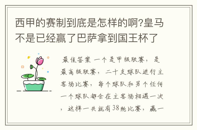 西甲的赛制到底是怎样的啊?皇马不是已经赢了巴萨拿到国王杯了吗?为什么还有比赛啊