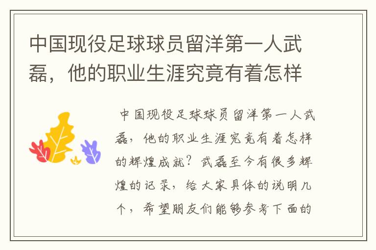 中国现役足球球员留洋第一人武磊，他的职业生涯究竟有着怎样的辉煌成就？