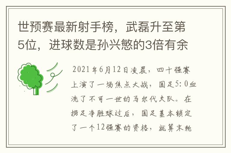 世预赛最新射手榜，武磊升至第5位，进球数是孙兴慜的3倍有余