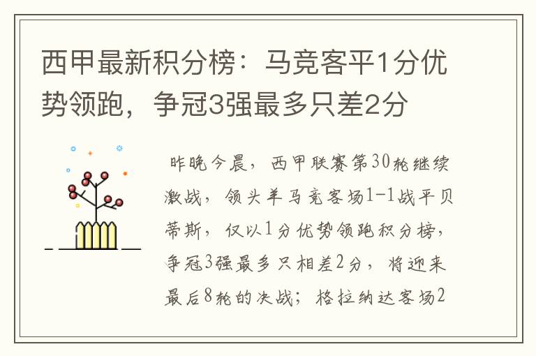 西甲最新积分榜：马竞客平1分优势领跑，争冠3强最多只差2分