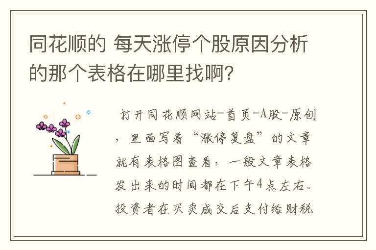 同花顺的 每天涨停个股原因分析的那个表格在哪里找啊？