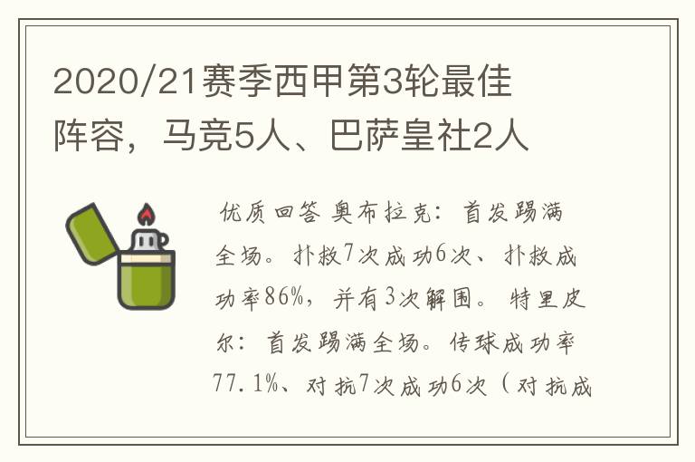 2020/21赛季西甲第3轮最佳阵容，马竞5人、巴萨皇社2人