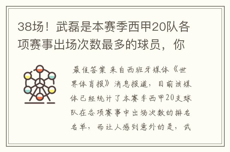 38场！武磊是本赛季西甲20队各项赛事出场次数最多的球员，你怎么看？