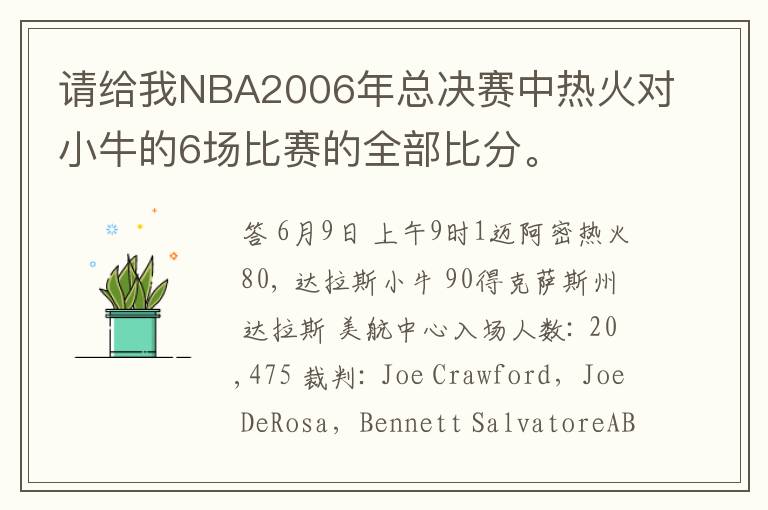 请给我NBA2006年总决赛中热火对小牛的6场比赛的全部比分。