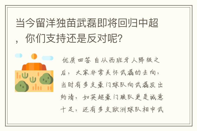 当今留洋独苗武磊即将回归中超，你们支持还是反对呢？