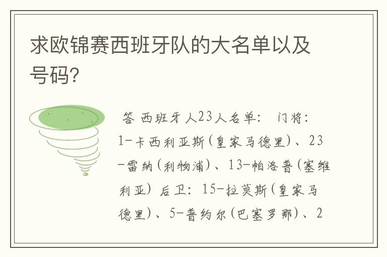 求欧锦赛西班牙队的大名单以及号码？