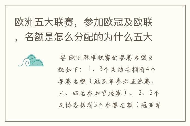 欧洲五大联赛，参加欧冠及欧联，名额是怎么分配的为什么五大联赛只有法甲