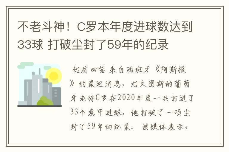 不老斗神！C罗本年度进球数达到33球 打破尘封了59年的纪录