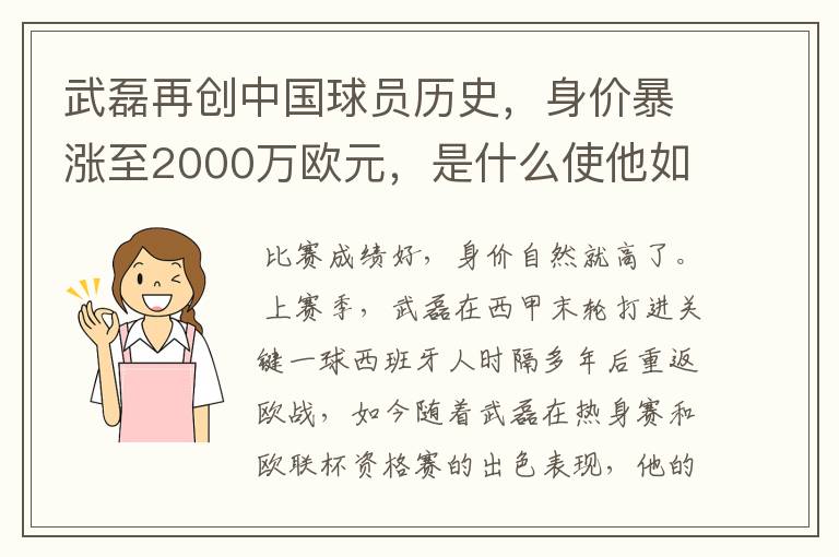 武磊再创中国球员历史，身价暴涨至2000万欧元，是什么使他如此值钱？