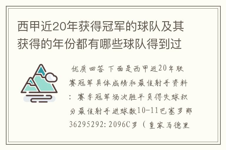 西甲近20年获得冠军的球队及其获得的年份都有哪些球队得到过意大利