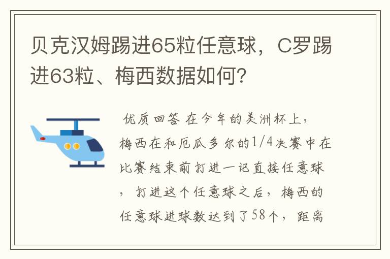 贝克汉姆踢进65粒任意球，C罗踢进63粒、梅西数据如何？