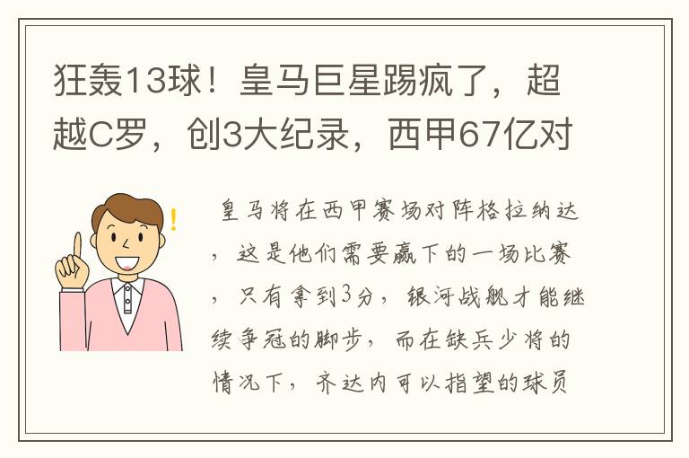 狂轰13球！皇马巨星踢疯了，超越C罗，创3大纪录，西甲67亿对决