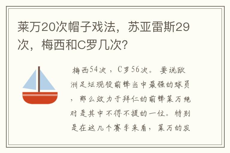 莱万20次帽子戏法，苏亚雷斯29次，梅西和C罗几次？