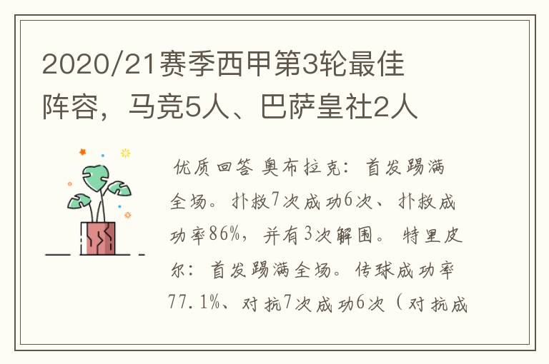 2020/21赛季西甲第3轮最佳阵容，马竞5人、巴萨皇社2人