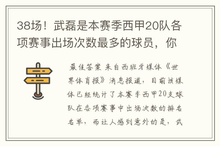 38场！武磊是本赛季西甲20队各项赛事出场次数最多的球员，你怎么看？