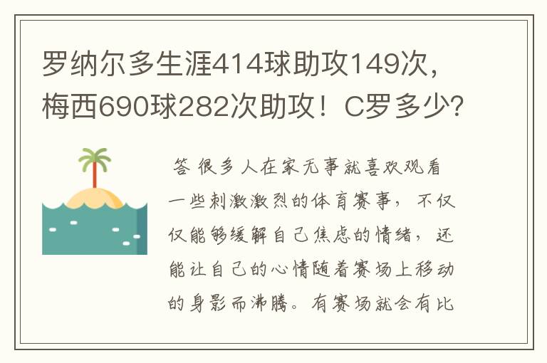 罗纳尔多生涯414球助攻149次，梅西690球282次助攻！C罗多少？