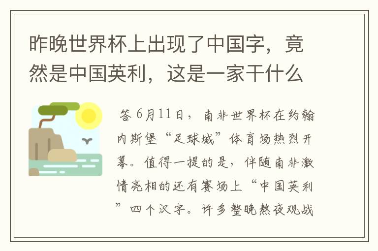 昨晚世界杯上出现了中国字，竟然是中国英利，这是一家干什么的公司啊？