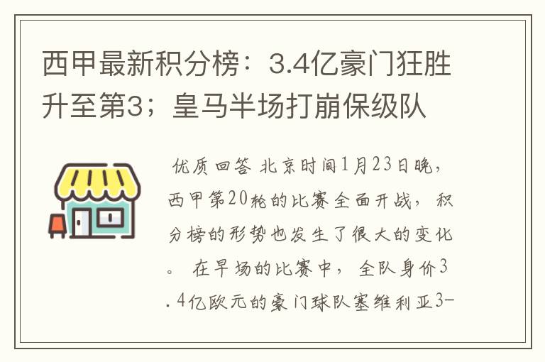 西甲最新积分榜：3.4亿豪门狂胜升至第3；皇马半场打崩保级队