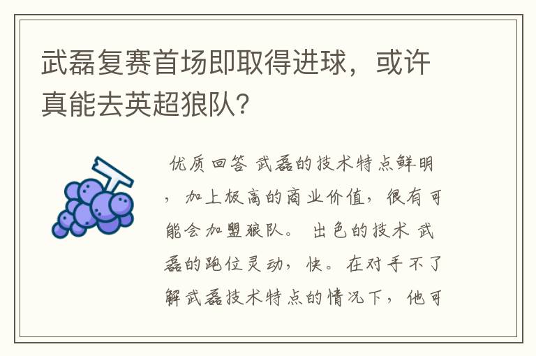 武磊复赛首场即取得进球，或许真能去英超狼队？