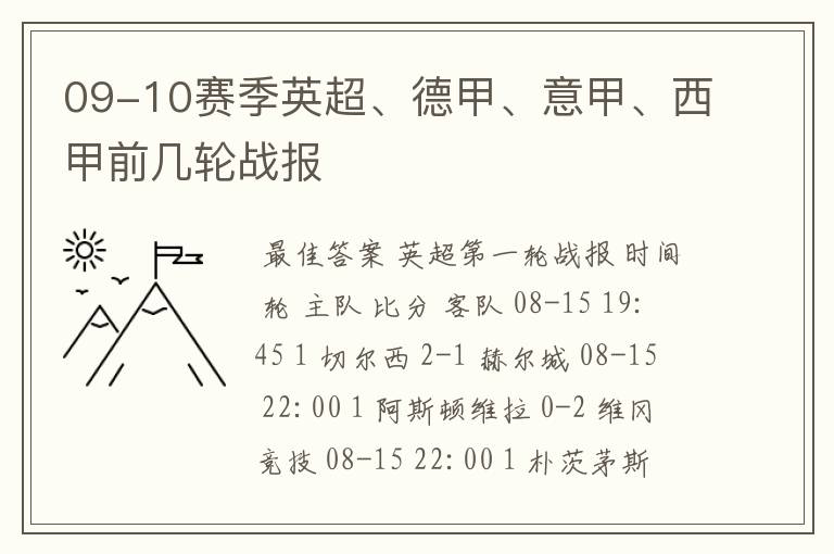 09-10赛季英超、德甲、意甲、西甲前几轮战报