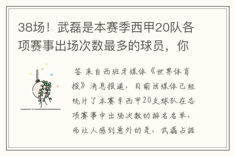 38场！武磊是本赛季西甲20队各项赛事出场次数最多的球员，你怎么看？