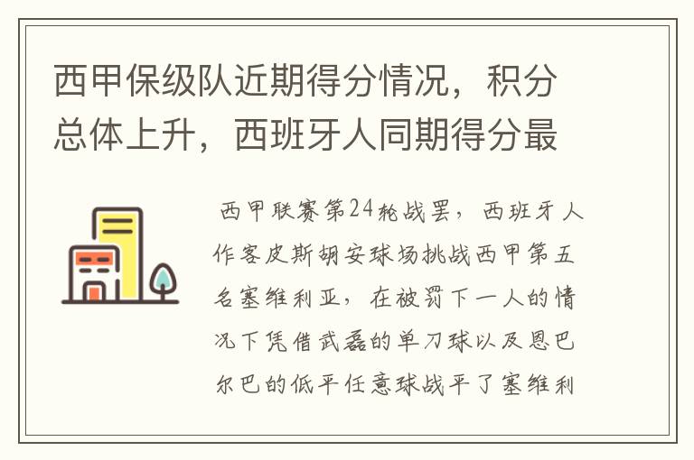 西甲保级队近期得分情况，积分总体上升，西班牙人同期得分最高