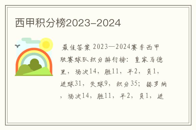 西甲积分榜2023-2024