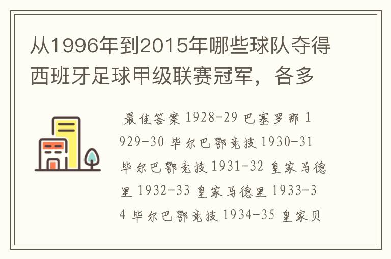 从1996年到2015年哪些球队夺得西班牙足球甲级联赛冠军，各多少次