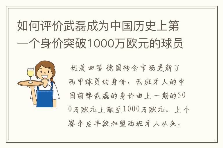 如何评价武磊成为中国历史上第一个身价突破1000万欧元的球员？