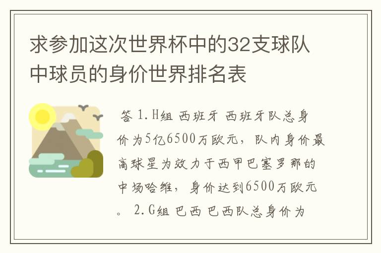 求参加这次世界杯中的32支球队中球员的身价世界排名表