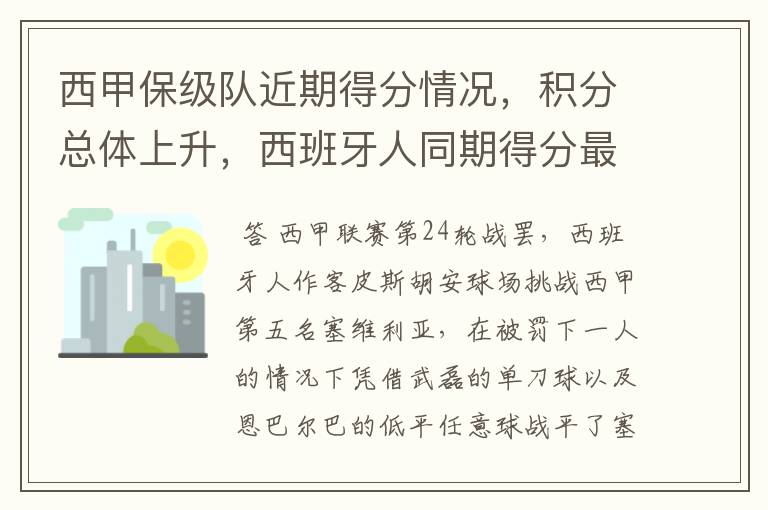 西甲保级队近期得分情况，积分总体上升，西班牙人同期得分最高