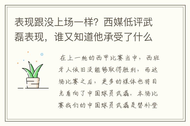 表现跟没上场一样？西媒低评武磊表现，谁又知道他承受了什么呢？