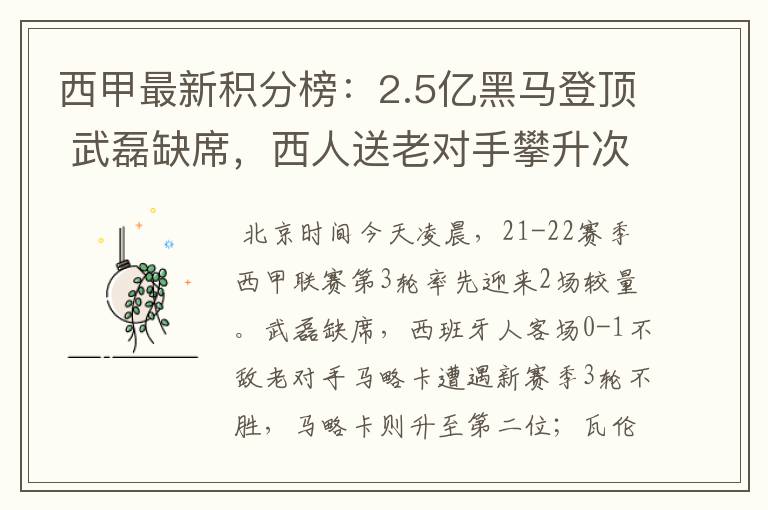 西甲最新积分榜：2.5亿黑马登顶 武磊缺席，西人送老对手攀升次席