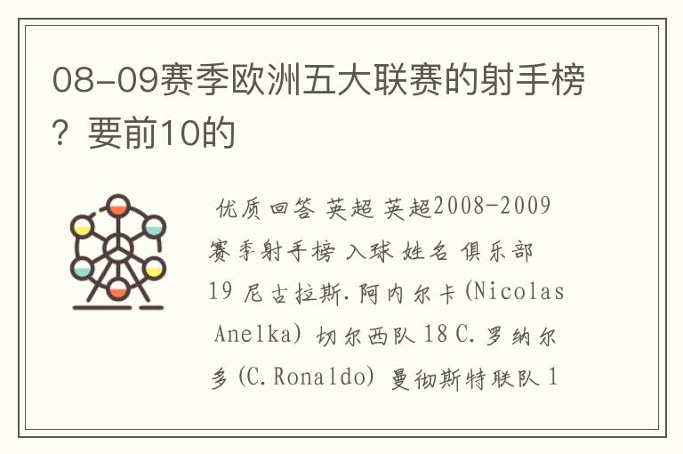 08-09赛季欧洲五大联赛的射手榜？要前10的